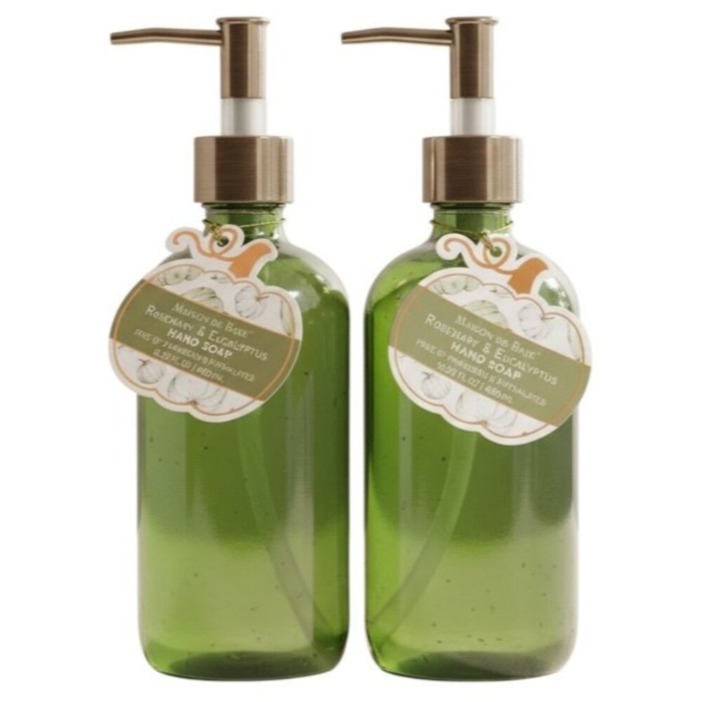 2 PACK Maison De Base Rosemary & Eucalyptus Hand Soap Glass Bottles 16.23 oz EA